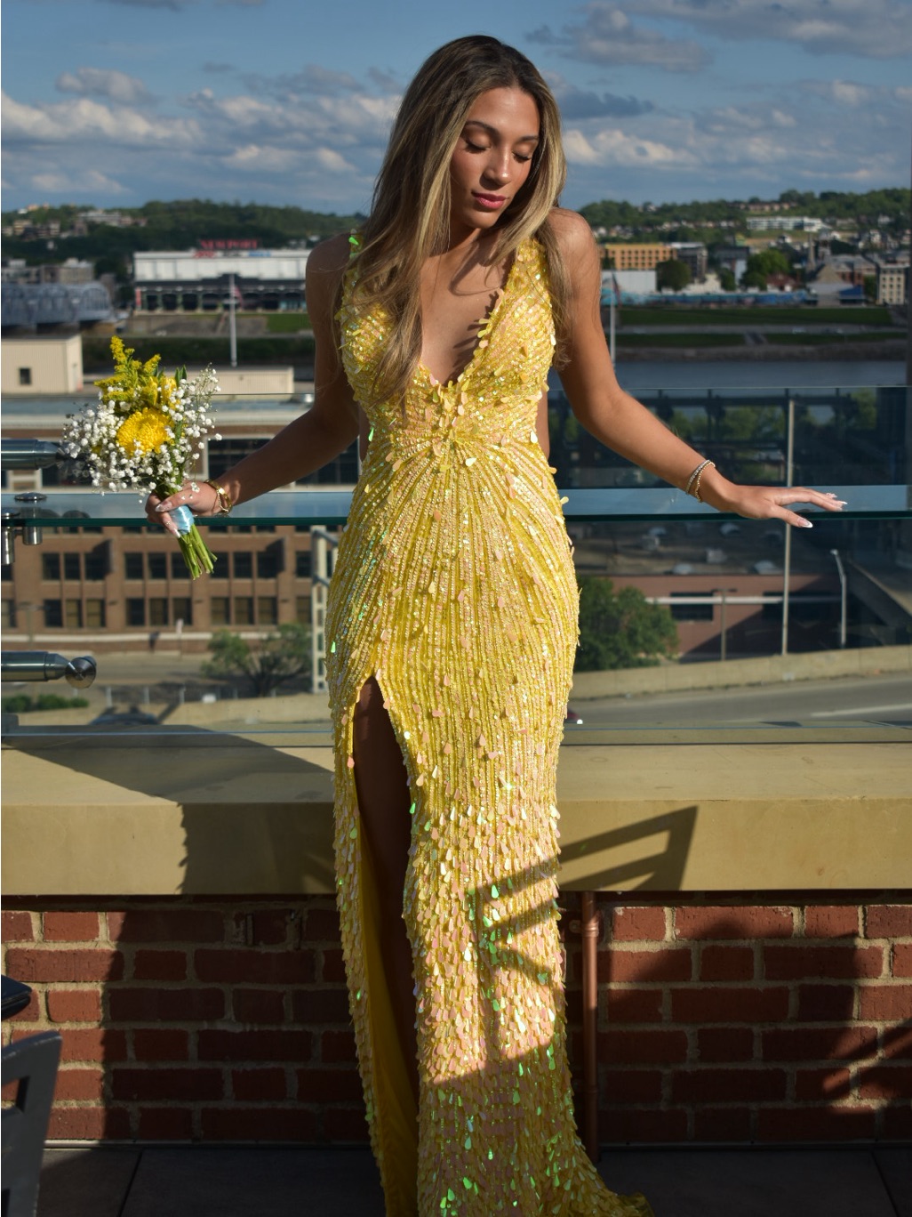 Sherri Hill Yellow Sequin Plunge Gown With Thigh Slit, Style 54912